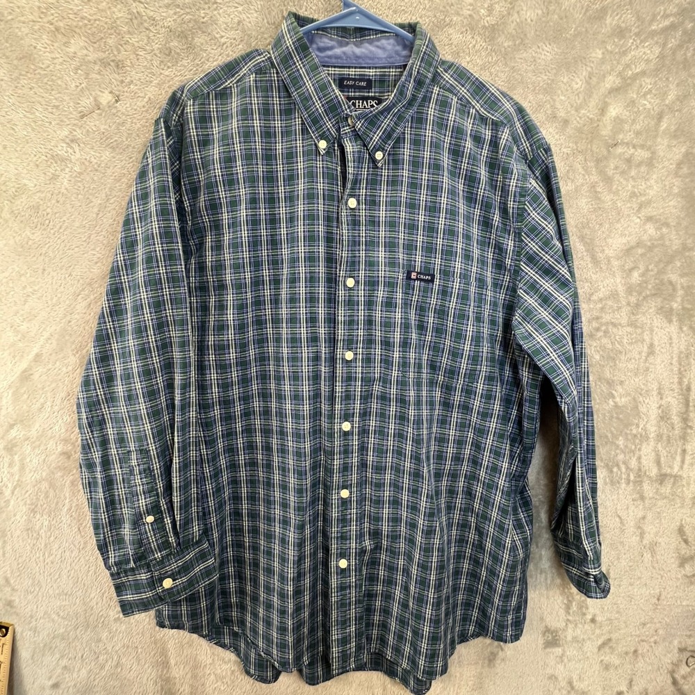 Chaps Mens XL Green Blue Plaid Long Sleeve‎ Button Down Gorpcore Collegiate 90s